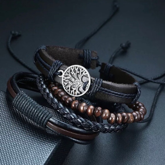 Boho Leather Bracelets 4 Piece Tree of Life Black and Brown OS NEW - Picture 6 of 6